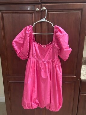 Pink Puff Sleeve Bubble Hem Dress with Pockets